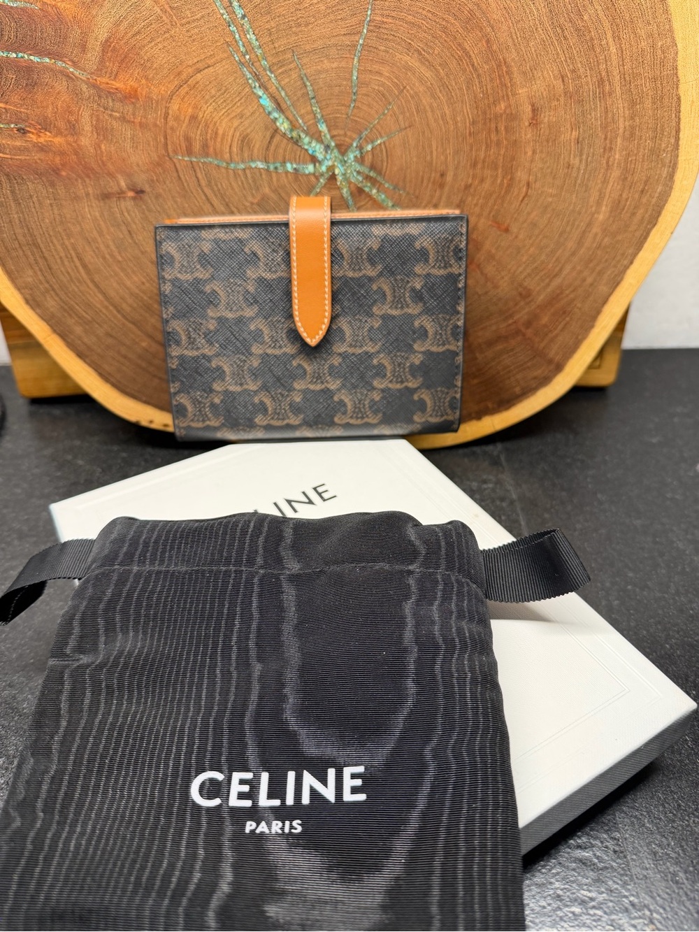 Celine Triomphe Canvas Wallet in Brown and Tan
